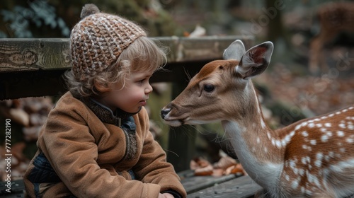 Young girl and boy on bench being sniffed by deer photo