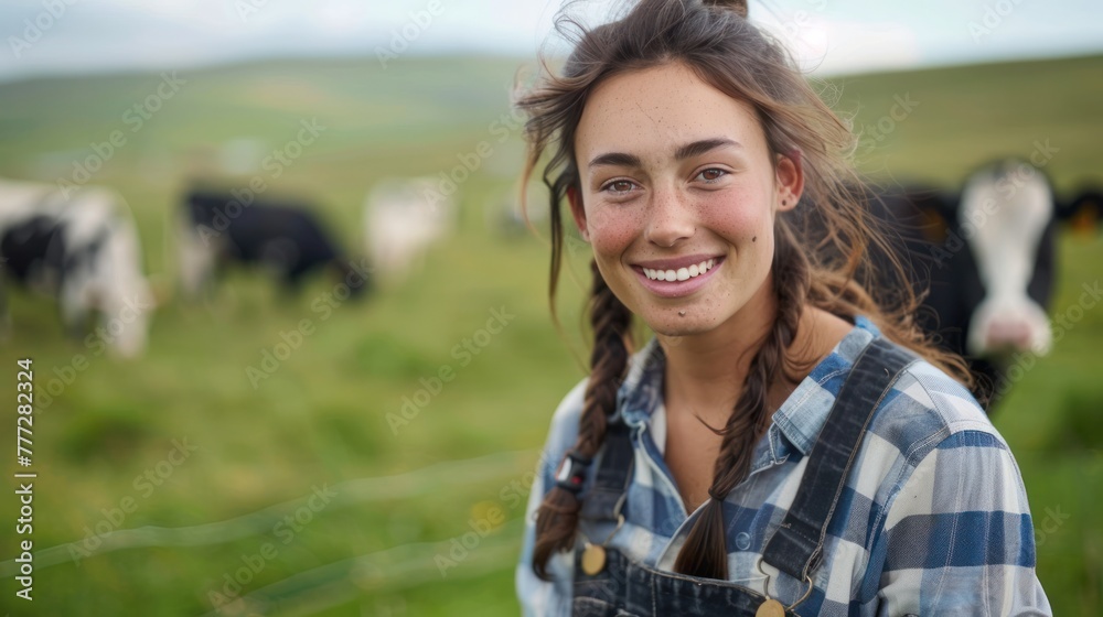 Young woman farmer stood with dairy cows in a meadow