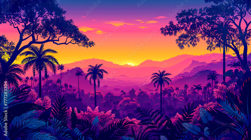 Tropical landscape at sunset, silhouette of palm trees and mountains