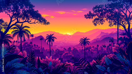 Tropical landscape at sunset  silhouette of palm trees and mountains