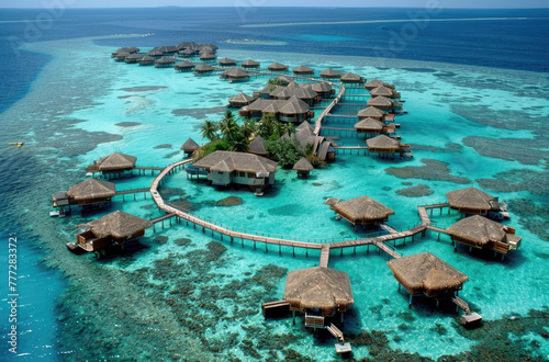 An aerial view of an island in the Maldives with overwater bainment and cabanas, and clear blue waters around it, a dock leads to one main house on top of sand bar