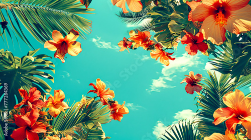 Tropical palm trees against a blue sky, summer paradise with vintage tones
