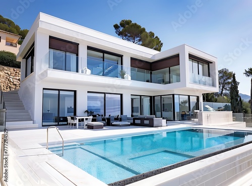 A modern luxury house with pool and terrace, white walls and glass windows © Mahwish