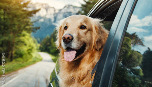 A golden retriever dog peers out from the top of the van.