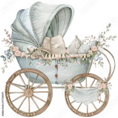 A charming watercolor clipart of a vintage-inspired baby carriage adorned with floral garlands and soft cushions