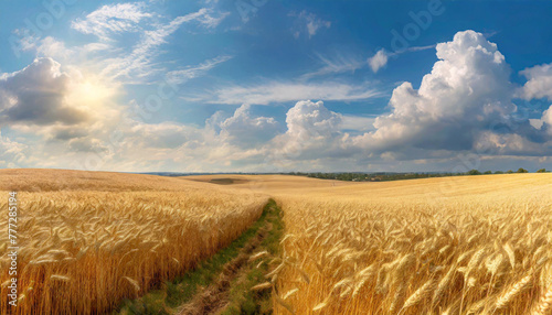 beautiful illustration of a field of ripe wheat against the blue sky,