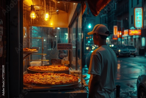 Nighttime pizza shop window with ambient lighting. generative ai