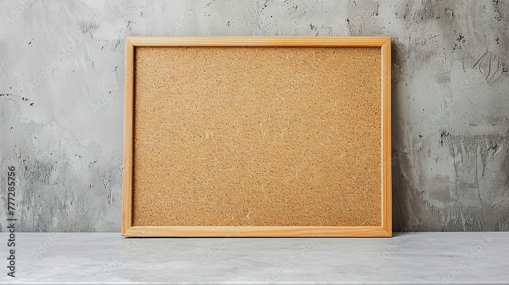 Fototapeta premium Rectangular corkboard with pine frame on grey shelf against a grey textured wall for picture mockups or lettering
