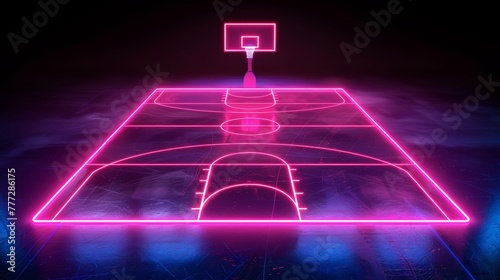 Isolated on black background, 3D render, neon basketball field scheme, virtual sport playground.