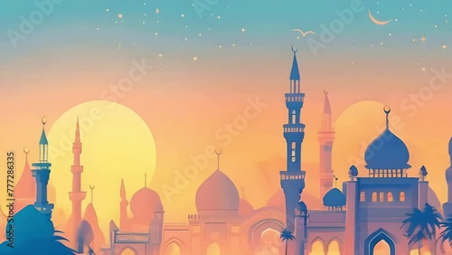 Eid mubarak and ramadan kareem greetings with Islamic celebration, mosque wallpaper background, vector illustration