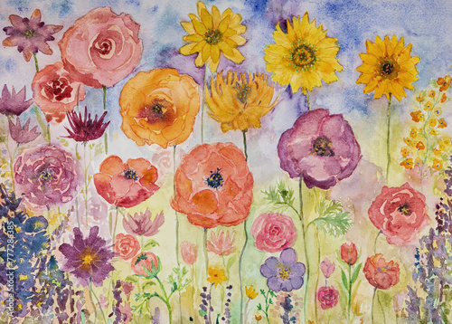 Flower garden painting in summer. The dabbing technique near the edges gives a soft focus effect due to the altered surface roughness of the paper.