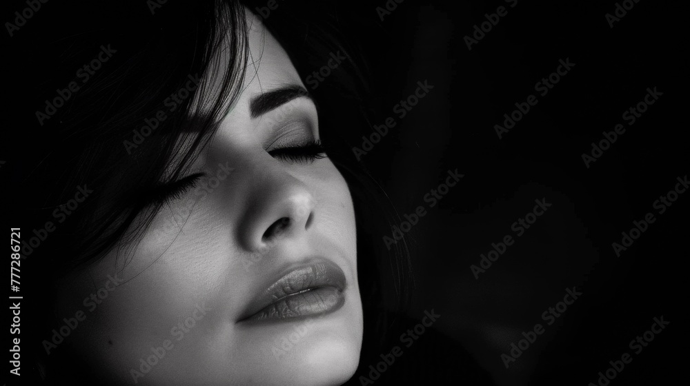 A woman with her eyes closed and a black background, AI A woman with her eyes closed and a black background, AI
