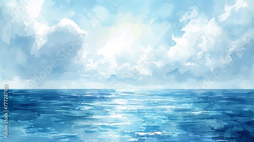 A painting of a blue ocean with white clouds in the sky, AI