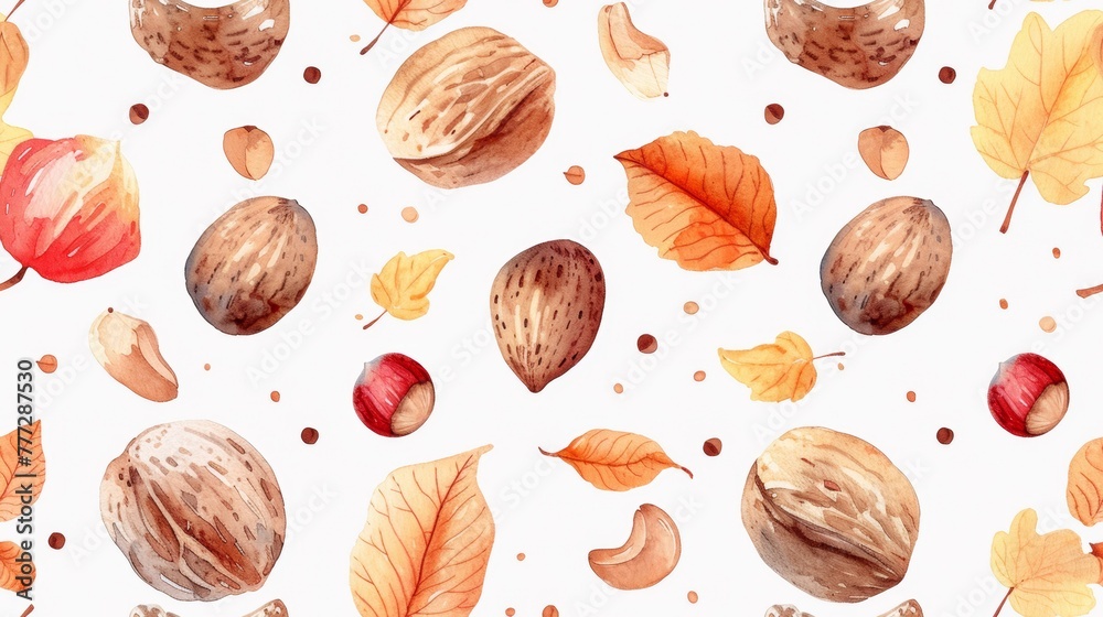 A pattern of a watercolor painting with nuts and leaves, AI A pattern of a watercolor painting with nuts and leaves, AI