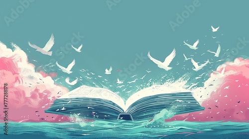 An illustration of an open book with pages turning into birds symbolizing freedom of expression photo