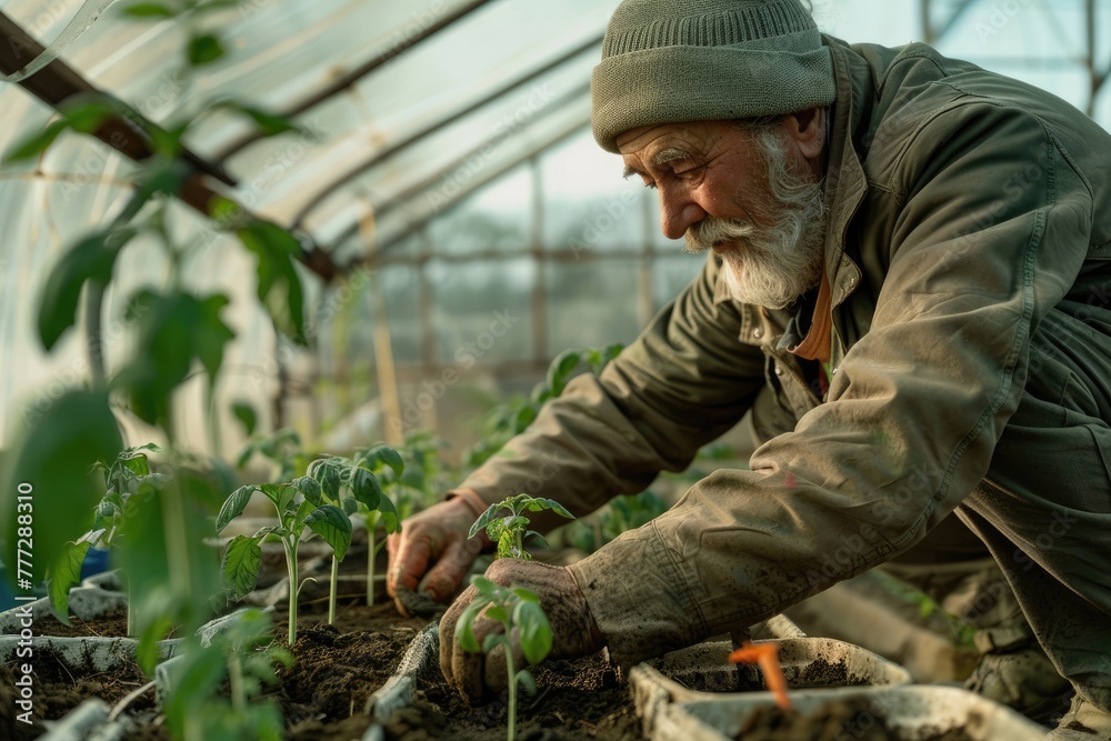 Elderly man planting tomato seedlings in greenhouse. Horticulture, cultivation of organic vegetables, agriculture