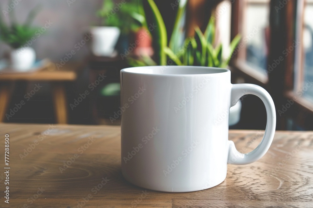 Tassen Mockup, weiße Tasse ohne Aufdruck auf einem Holztisch 
