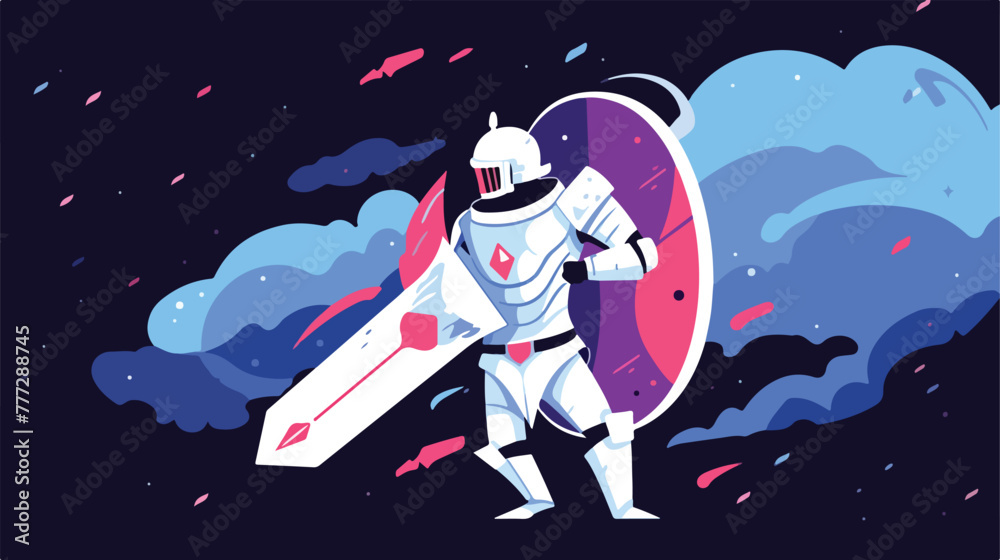 A cartoon astronaut carrying a sword and shield in
