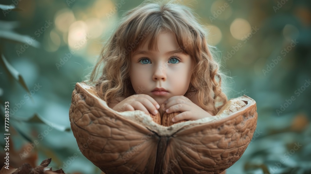 A young girl with blue eyes holding a nut in her hand, AI - obrazy, fototapety, plakaty 