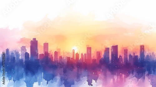 A city skyline with a bright orange sun in the background, AI
