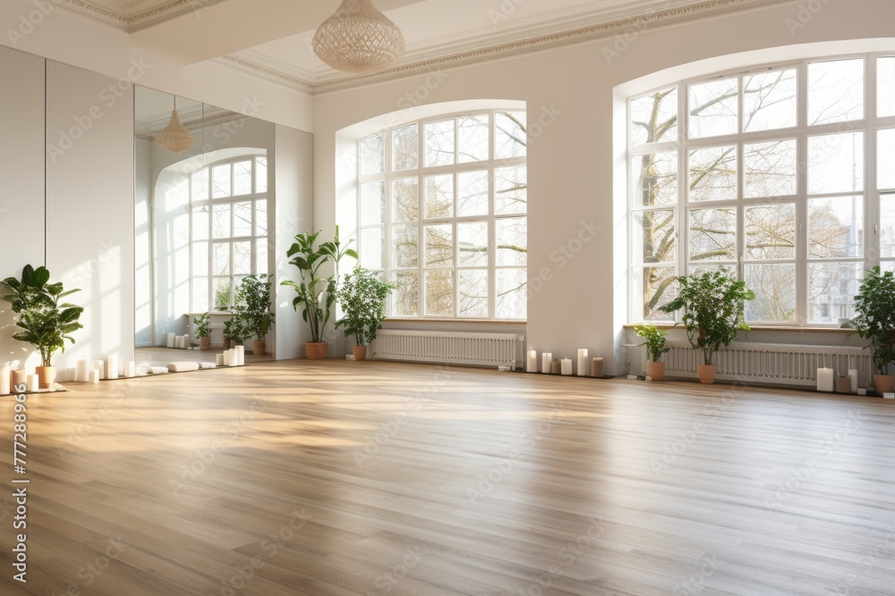 Minimalistic bright interior for serene yoga studio, modern home decor for relaxation and serenity.