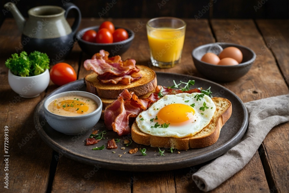 A traditional breakfast setup with sunny-side up eggs, crispy bacon, toast, and a selection of accompaniments