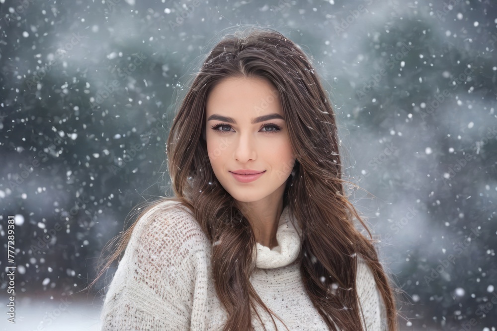Pretty young woman in sweater with long hair without a hat enjoying snowfall. Bokeh background. Generative AI Pretty young woman in sweater with long hair without a hat enjoying snowfall. Bokeh background. Generative AI