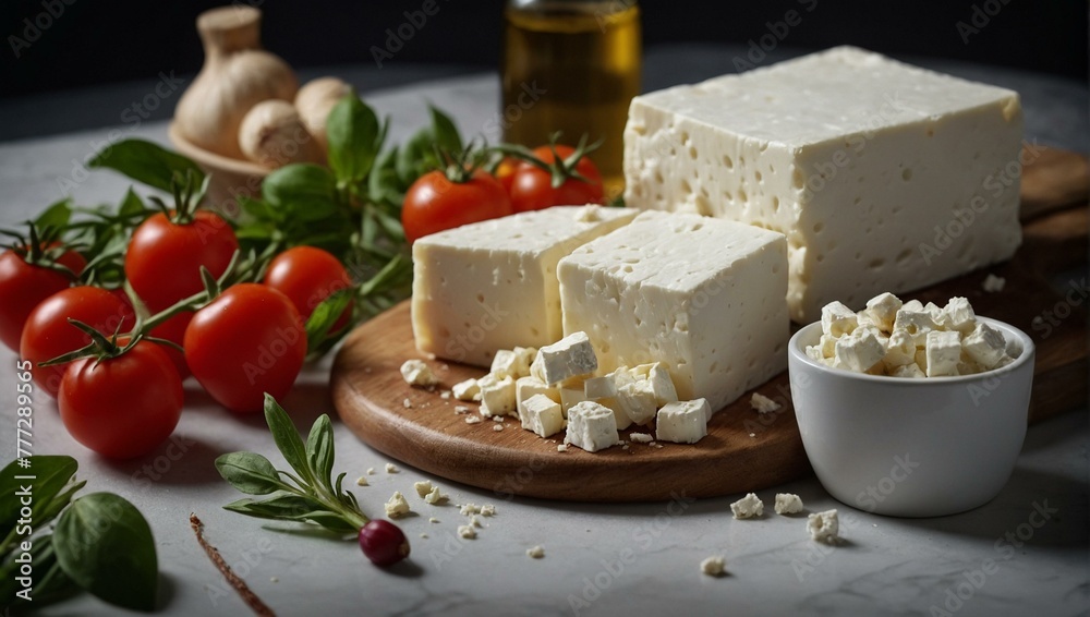 A wooden board with blocks of feta cheese surrounded by cherry tomatoes, basil, and olive oil