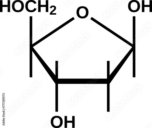 Beta-deoxyribose cyclic structural formula, furanose form of deoxyribose, vector illustration