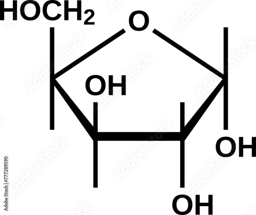 Alpha-xylose cyclic structural formula, furanose form of xylose, vector illustration