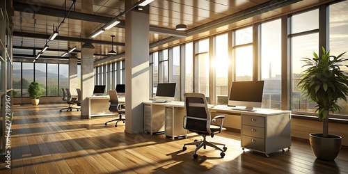 Large office with several workspaces on a high floor of the building photo