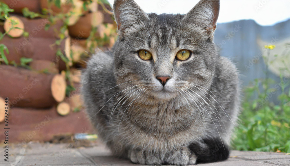 Grey and white cat itting in front of white background