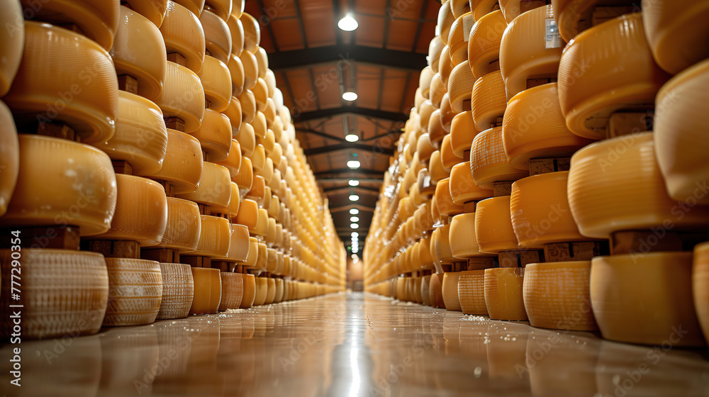 Obraz premium Warehouse of parmesan cheese, with empty copy space 