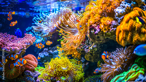 Underwater marine life, colorful coral reef and tropical fish in a blue aquatic environment © Joynal