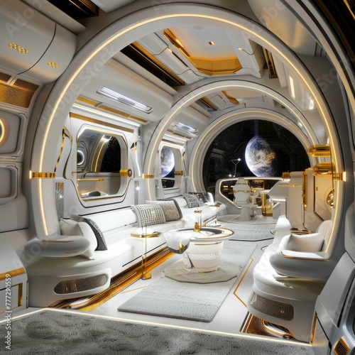 A luxury spaceship interior, sleek designs with gold and silver elements, ready for interstellar travel