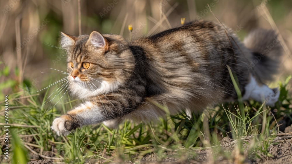 A cat running through a field of grass with its paws outstretched, AI