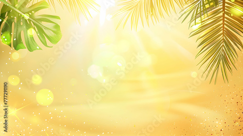Summer background with frame, nature of tropical golden beach with rays of sun light and leaf palm