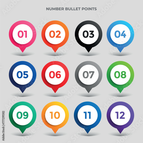 Pin map icon direction colorful number bullet points from 1 to 12. Simple vector
