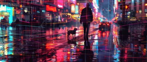People walking their dogs in the rain in a lively city