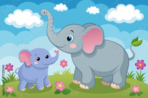Fototapeta Naklejka Na Ścianę i Meble -  Baby elephant pleading with mother elephant in the grass There are patches of fluffy clouds