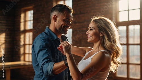 Happy couple, man and woman, dancing a passionate Bachata dance in the studio.