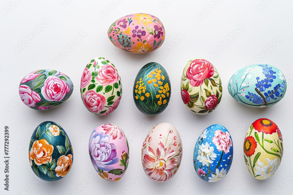 Painted easter eggs.  Closeup view of a beautifully painted easter egg on the white floor. April easter celebration. AI generated. 