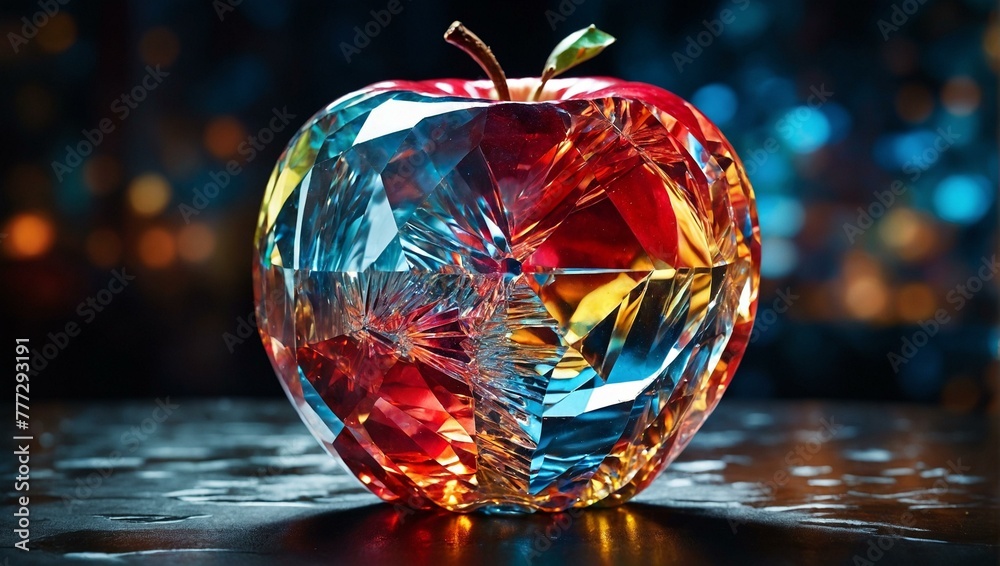 A vibrant crystal apple with facets reflecting light against dark blurred background, symbol of knowledge - obrazy, fototapety, plakaty 