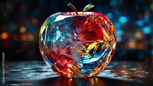 A vibrant crystal apple with facets reflecting light against dark blurred background, symbol of knowledge