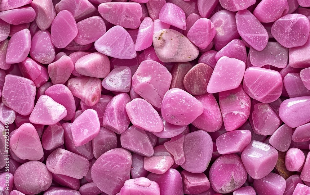 An abundance of polished pink pebbles in a harmonious arrangement, showcasing their captivating color and alluring sheen. An abundance of polished pink pebbles in a harmonious arrangement, showcasing their captivating color and alluring sheen.
