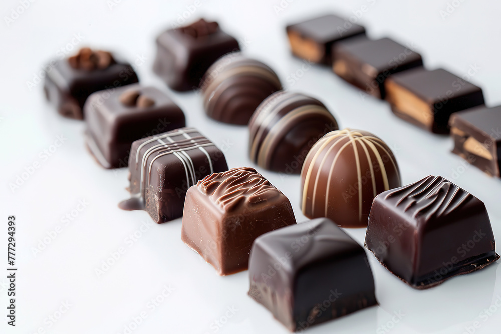 various of chocolate lined up, top view, white background, with empty copy space various of chocolate lined up, top view, white background, with empty copy space