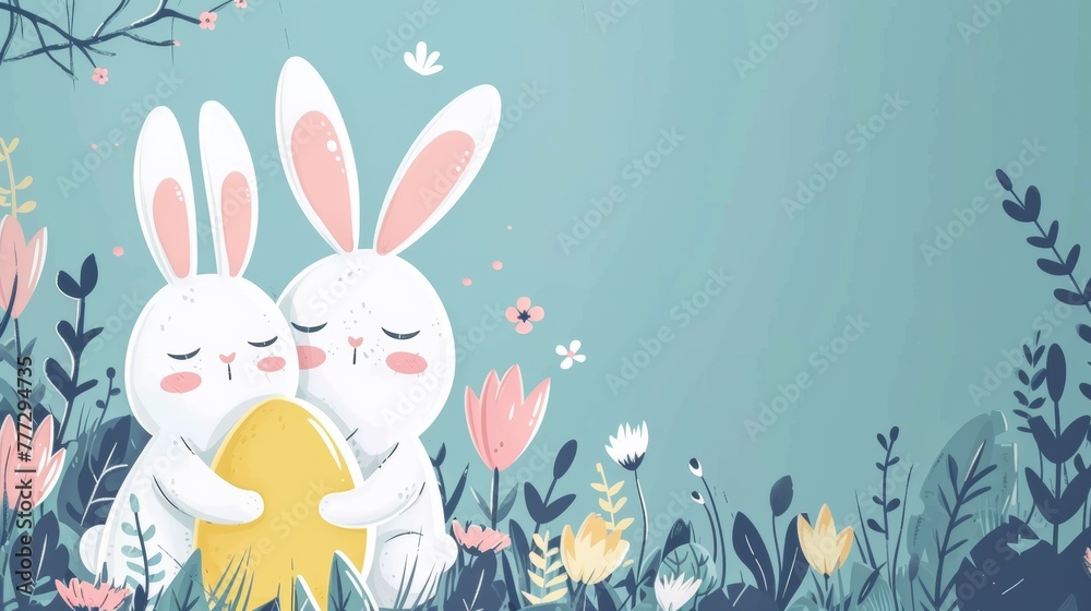 Two white rabbits hugging each other with an egg in their hands, AI Two white rabbits hugging each other with an egg in their hands, AI
