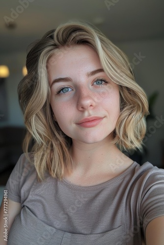 Wallpaper Mural phone photo of 20 year old Caucasian woman with short dirty blonde hair, blue eyes, athletic build, cute profile picture Torontodigital.ca