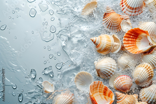 Grey Travel background with seashells and water drops