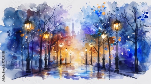 A watercolor painting of a street with lights and trees, AI